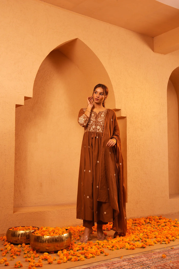 Mul Cotton Brown A-Line Frock Anaarkali