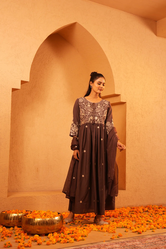Mul Cotton Brown A-Line Frock Anaarkali