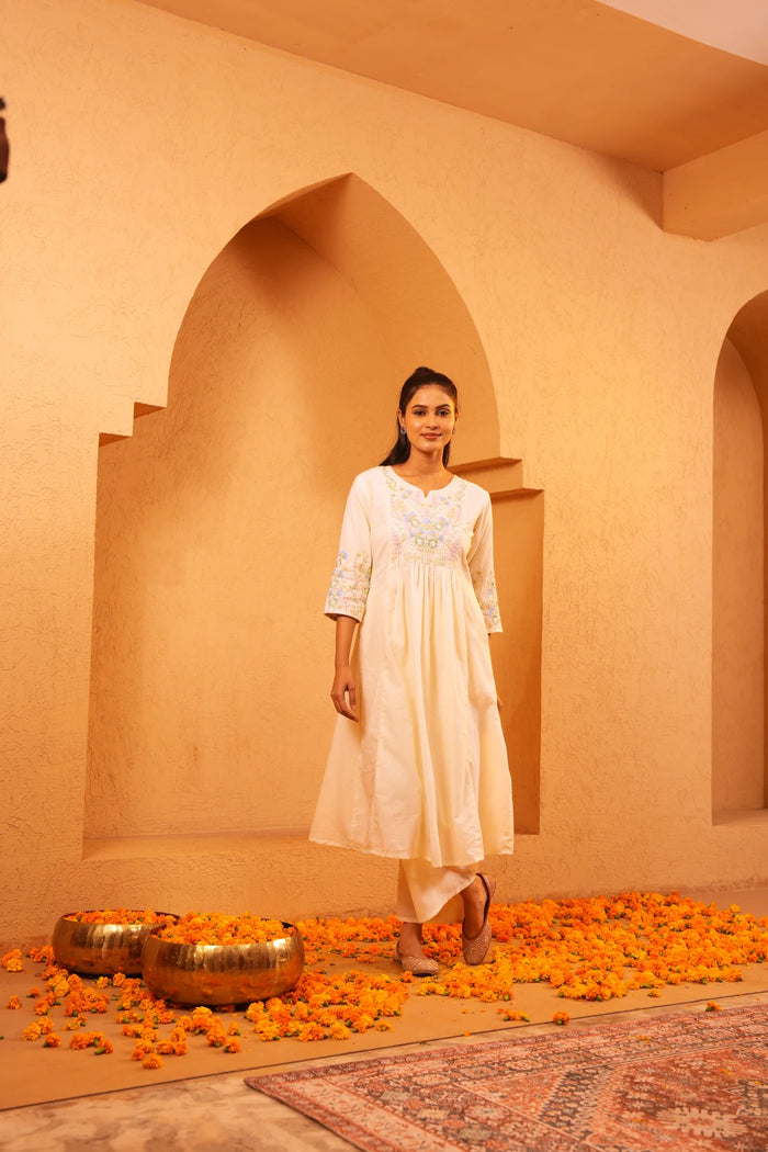 Mul Cotton Cream A-Line Frock Regular Wear