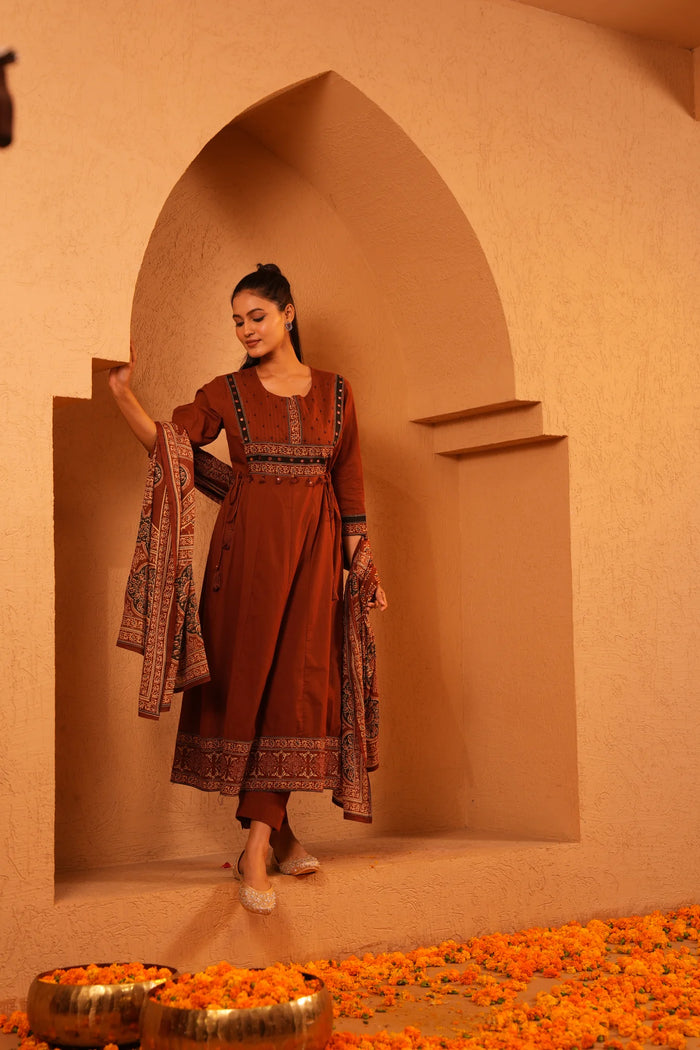 Mul Cotton Rust A-Line Frock Regular Wear