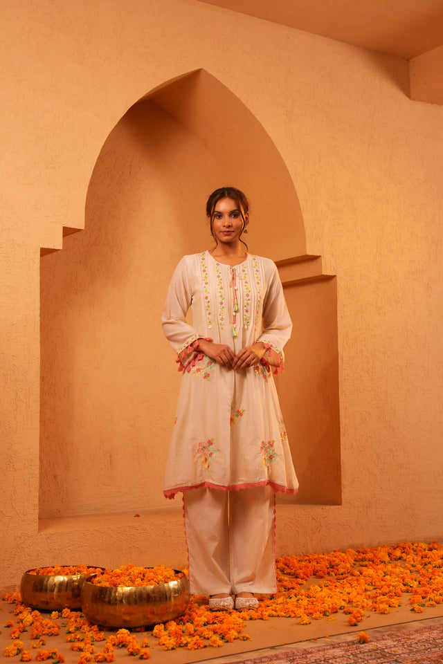 Mul Cotton Cream A-Line Frock Party Wear