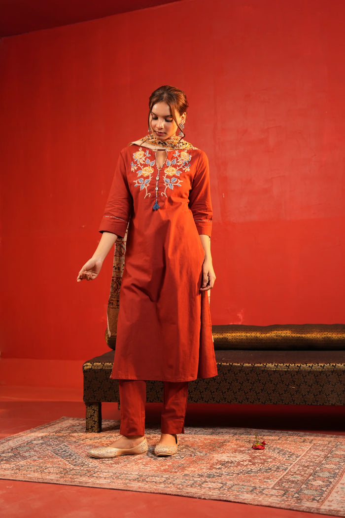 Khadi Cotton Rust Straight Suit Party Wear